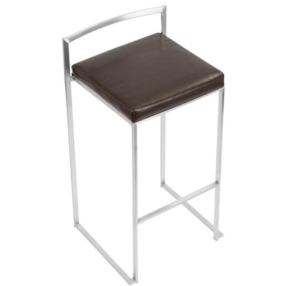 Stackable Barstools Set of 2 in Brown Faux Leather for Kitchen Dining