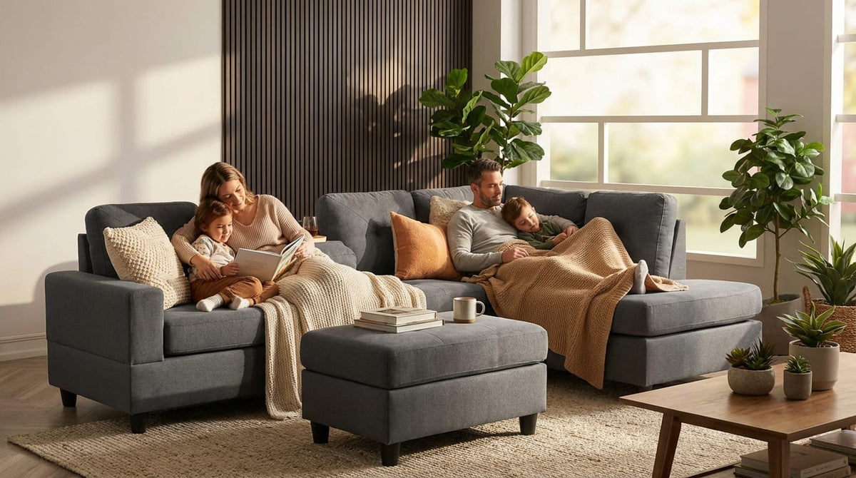 102" Charcoal Linen Sectional Sofa - 5 Seat L-Shape