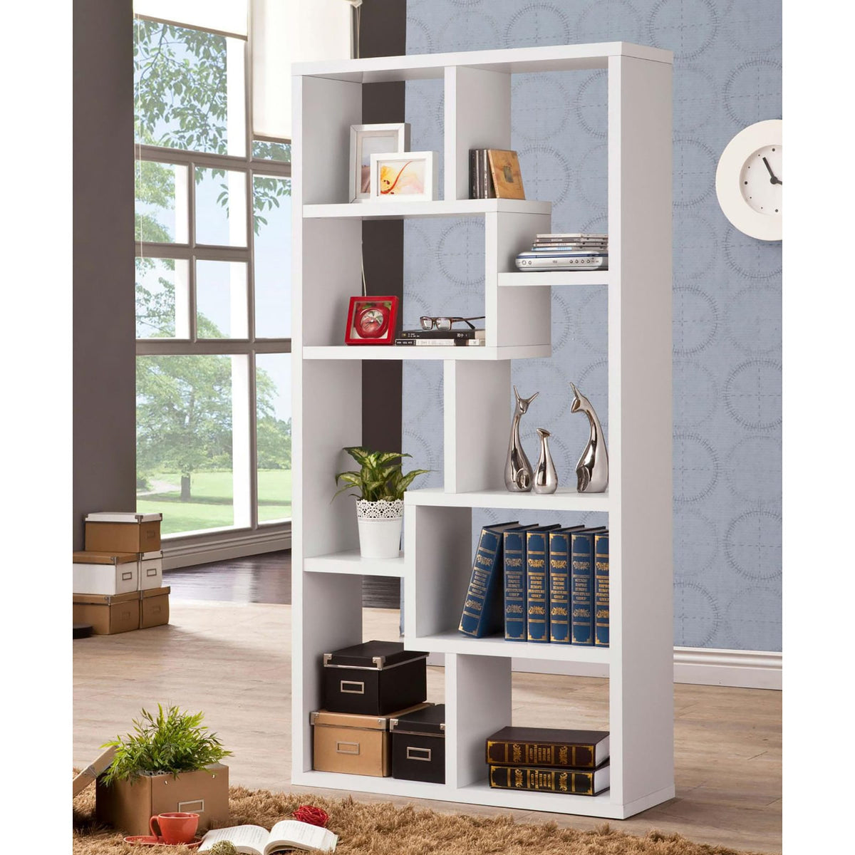 8 Shelf White Geometric Bookcase - Office Storage for Living Room