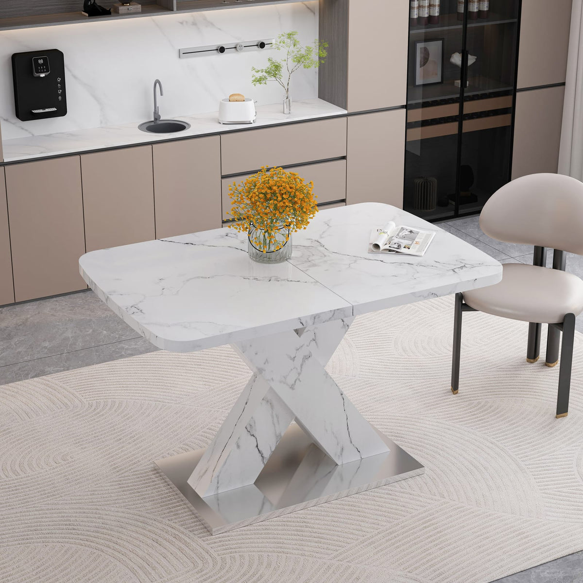 Modern White Dining Table - Stretchable Rectangle, MDF Steel