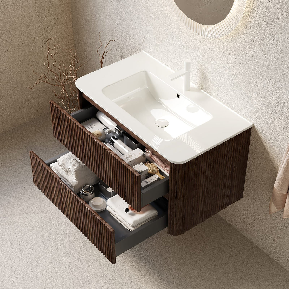 NOOR 36" Bathroom Vanity - White Ceramic + Walnut Woodgrain Storage
