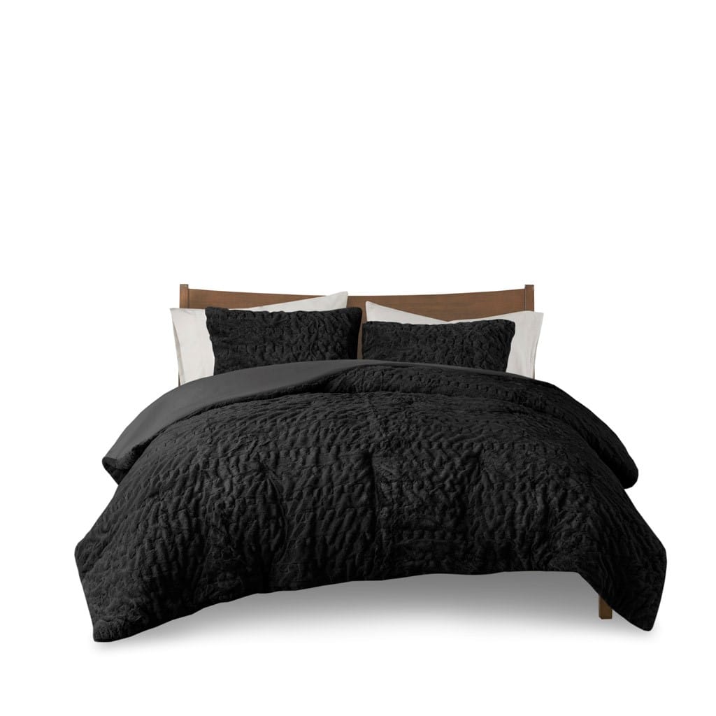 Queen Ruched Fur Comforter Set - Black Polyester
