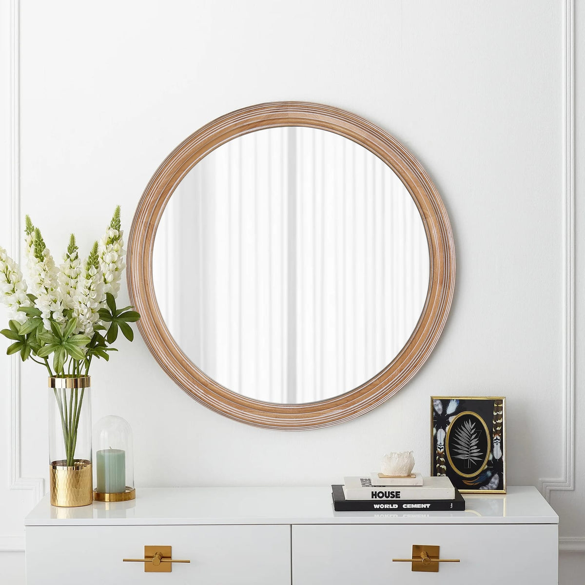 27.5" Round Farmhouse Mirror - Antique Natural Wood Frame