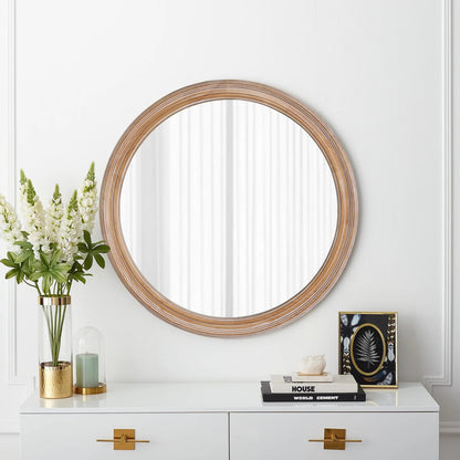 27.5" Round Farmhouse Mirror - Antique Natural Wood Frame