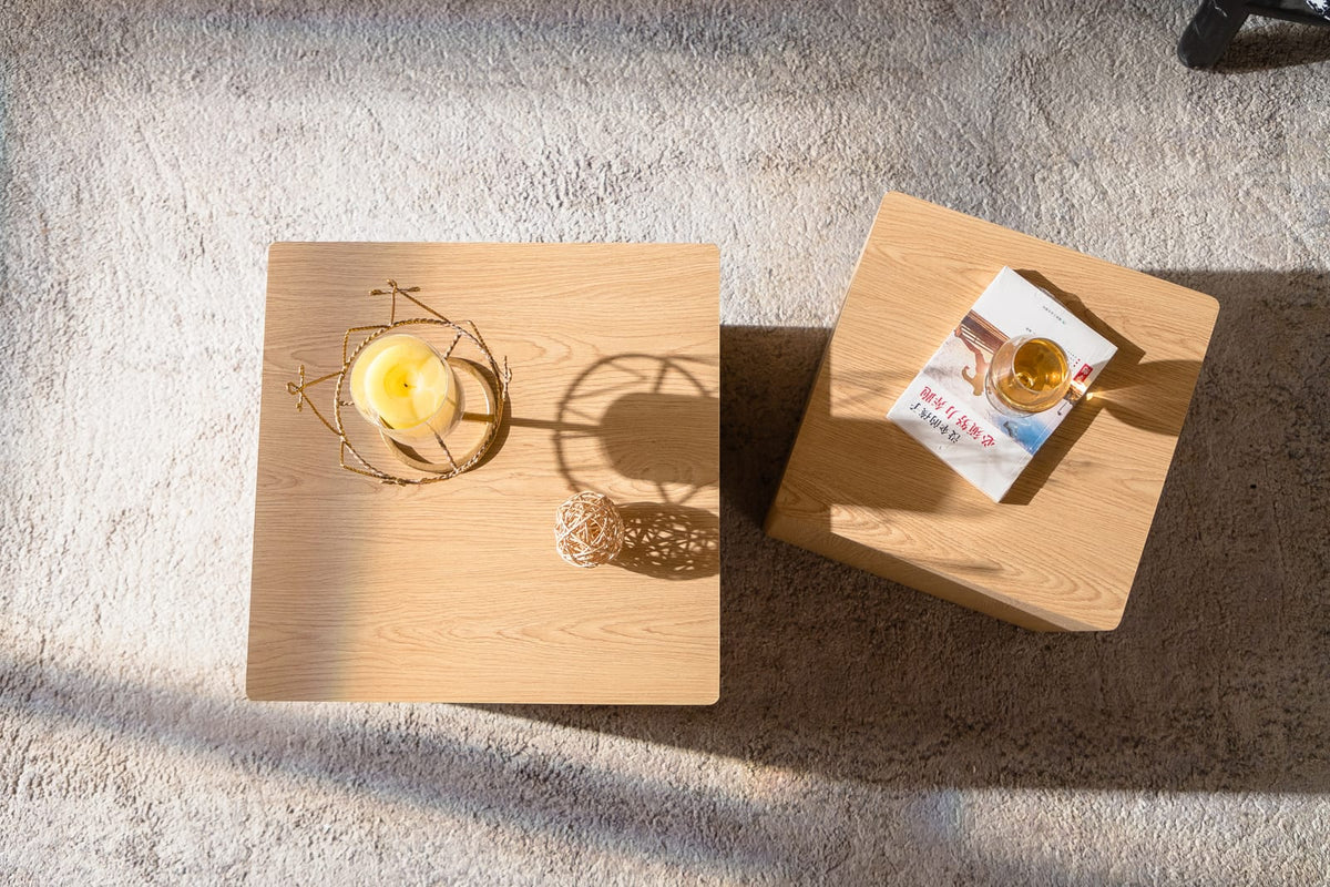 Living Room Set of 2 Natural Wood Nesting Cube Tables - Small Space Coffee Table Set