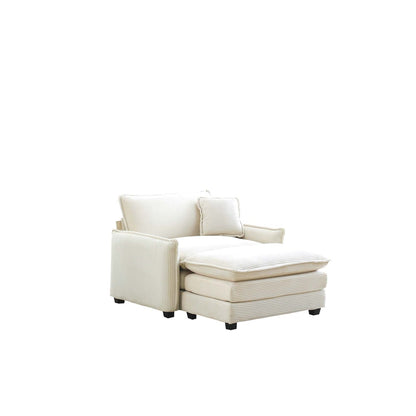 White Corduroy Single Sofa with Footstool - Bedroom or Living Room