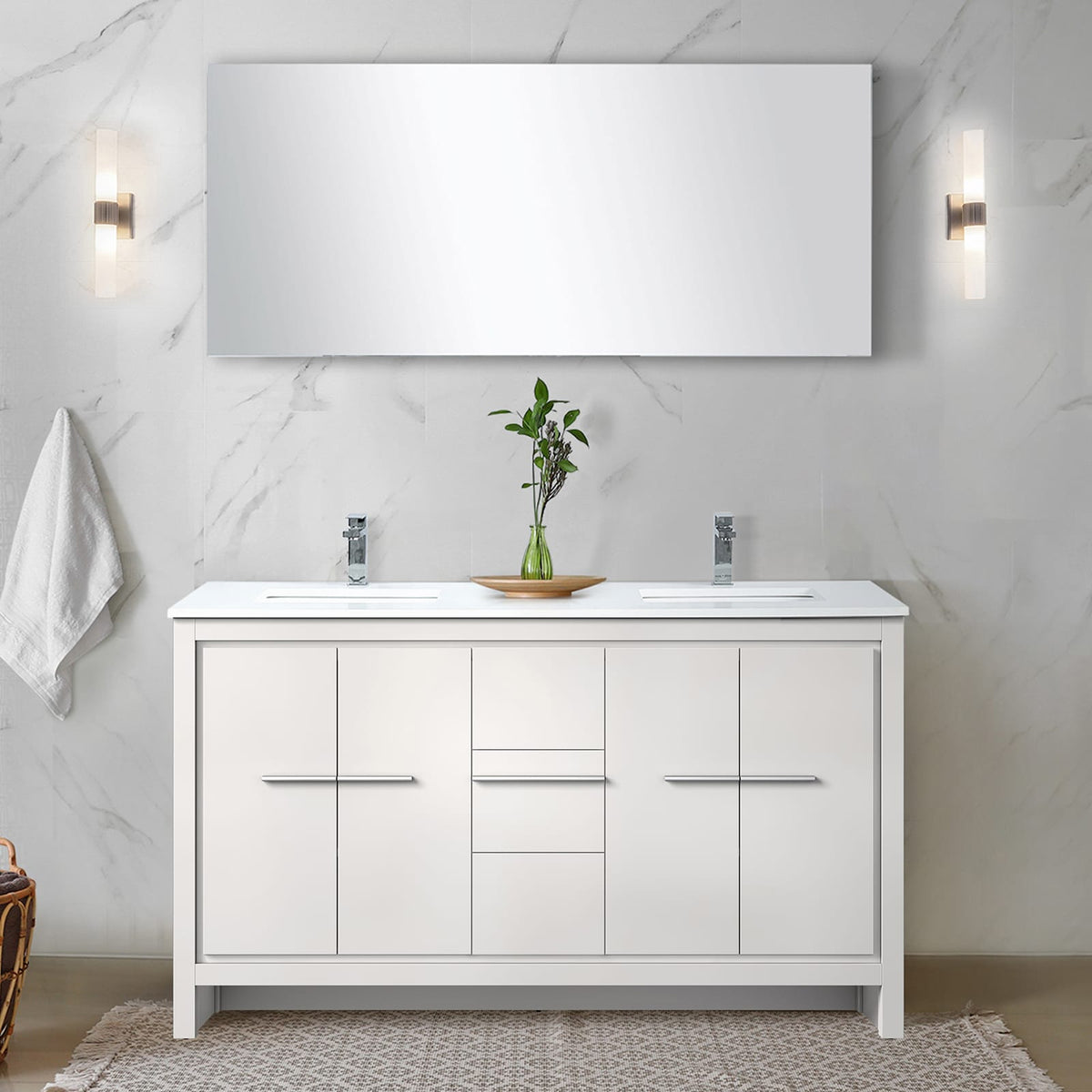 White Double Bathroom Vanity with Quartz Top