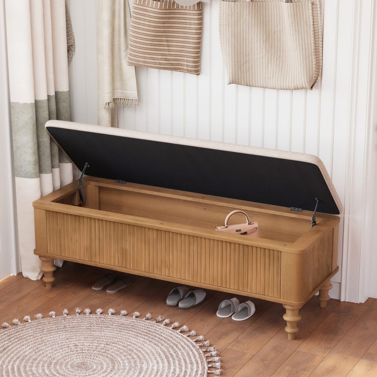 Rubberwood Storage Ottoman Bench - Natural Linen Seat for Living Room