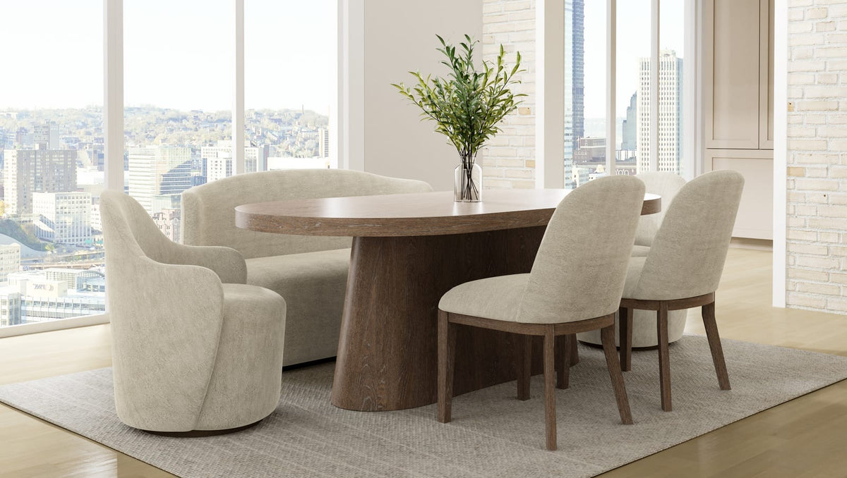 Oval Brown Solid Wood Dining Table with Sculpted Pedestal for Living Room