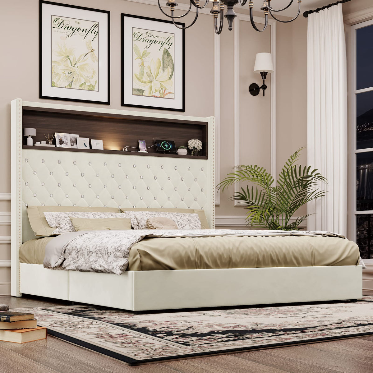 Queen Velvet Tufted Bed Frame Beige USB Charging