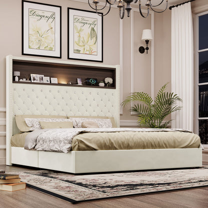 Queen Velvet Tufted Bed Frame Beige USB Charging