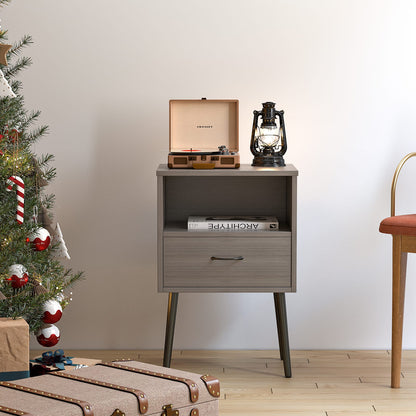Grey MDF Nightstand with Storage Drawers - Small Bedroom Table