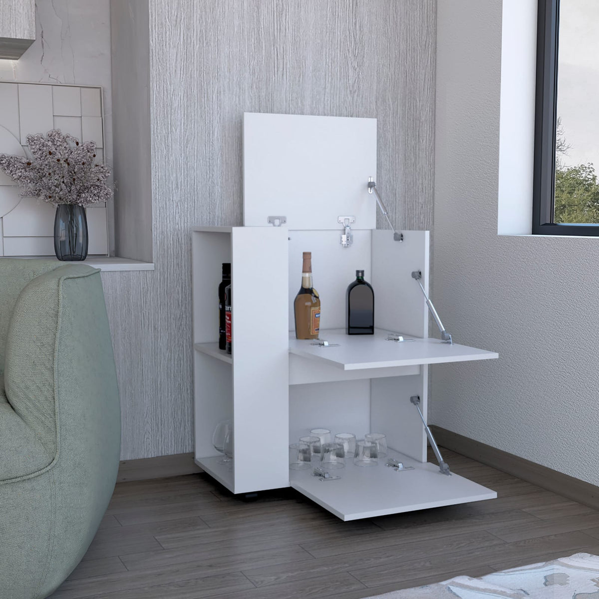 White Bar Cart with 2 Doors & Shelves - Compact Storage for Living Room