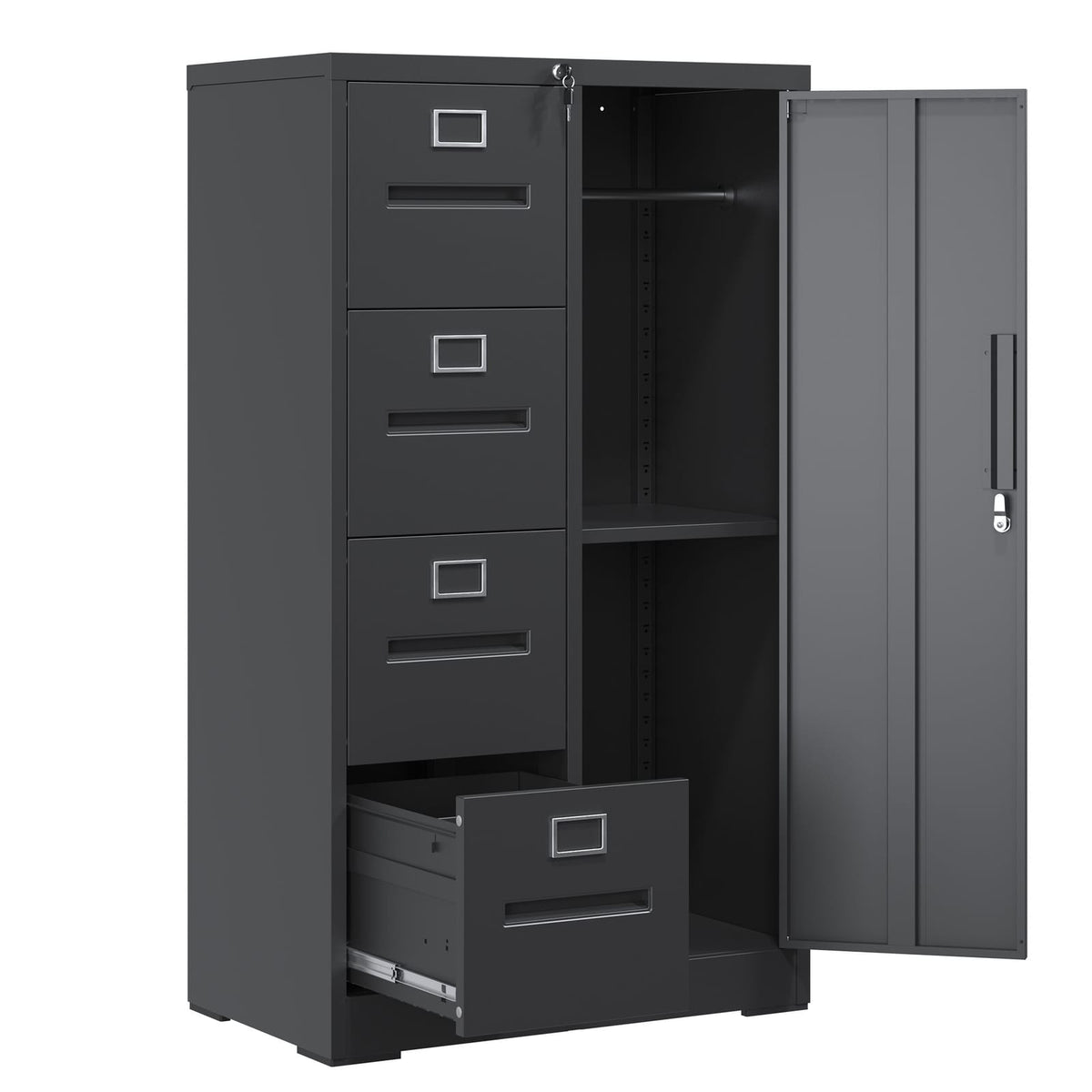 Black Steel File Cabinet - 4 Drawers with Lock - Office Storage