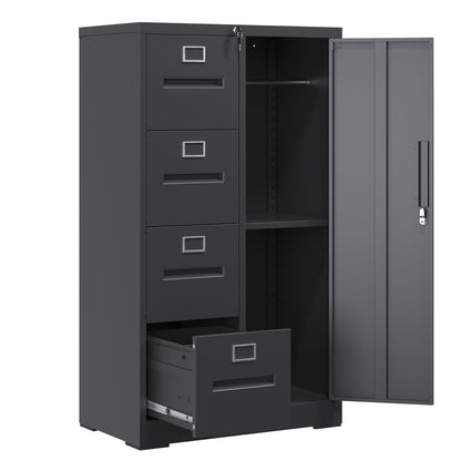 Black Steel File Cabinet - 4 Drawers with Lock - Office Storage