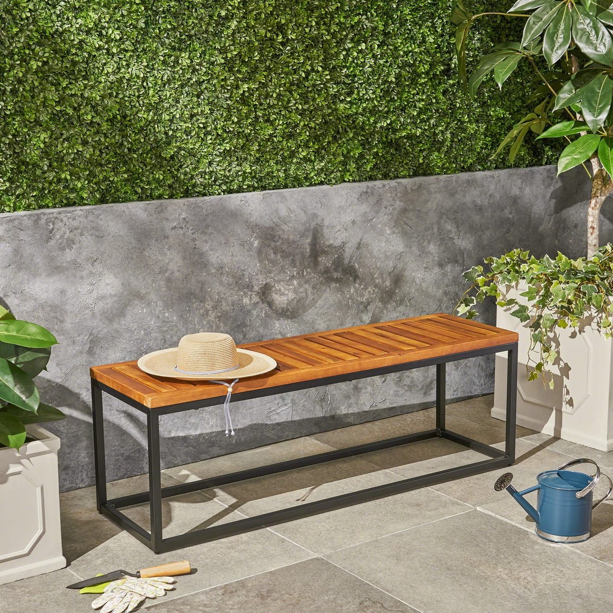 JECO Industrial Acacia Wood Bench - Teak & Black