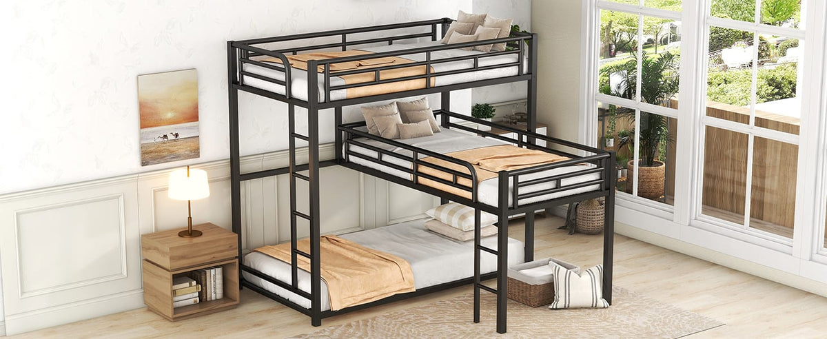 L-Shaped Metal Bunk Bed - Black (Triple Twin Size) for Bedroom