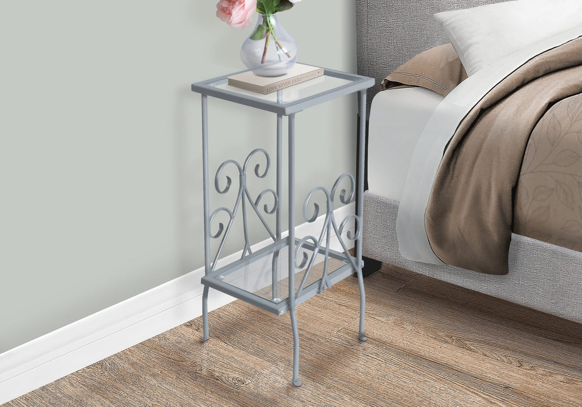 Silver Metal Accent Table - Durable Side Table with Tempered Glass Shelves