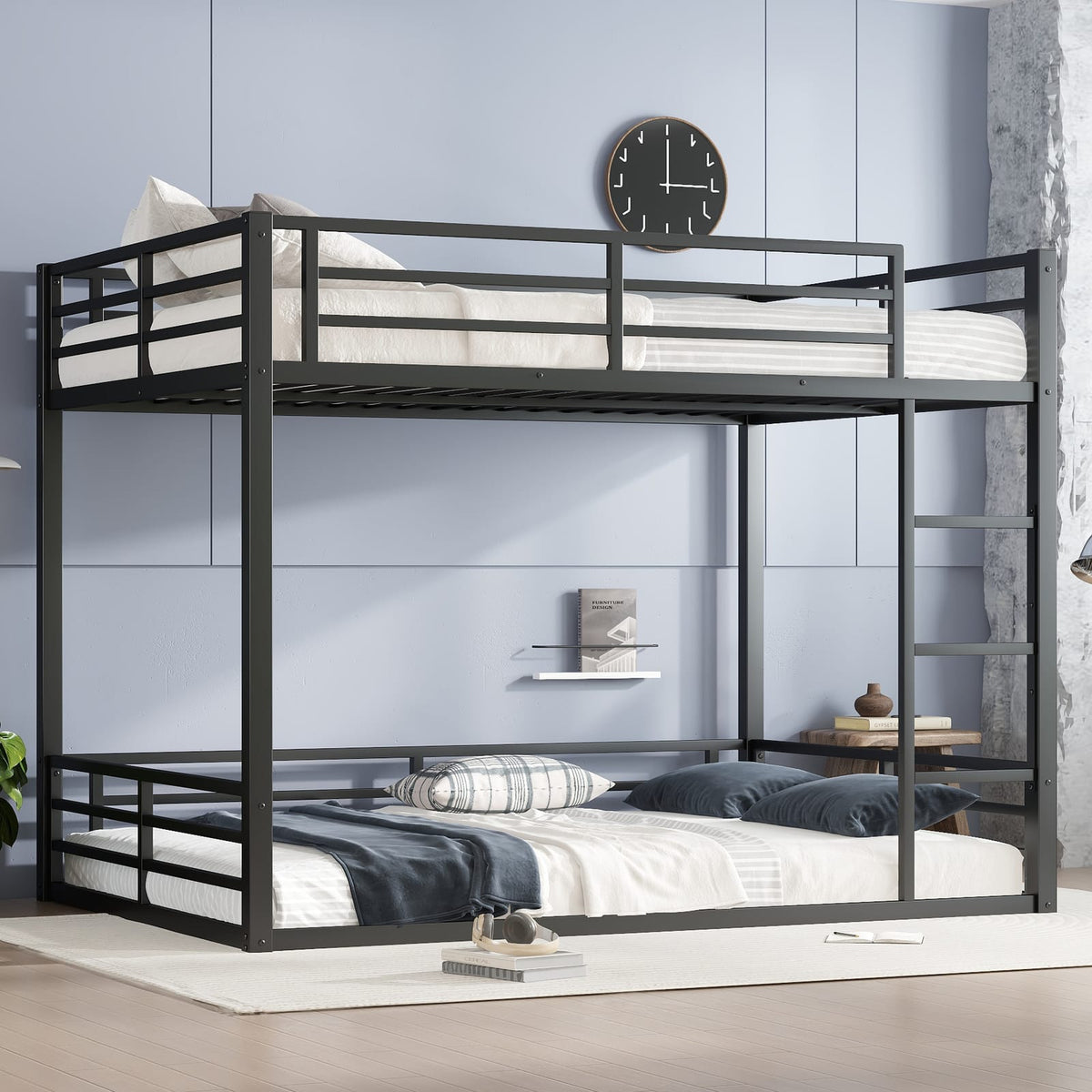 Queen Size Metal Bunk Bed - Black Frame for Bedroom