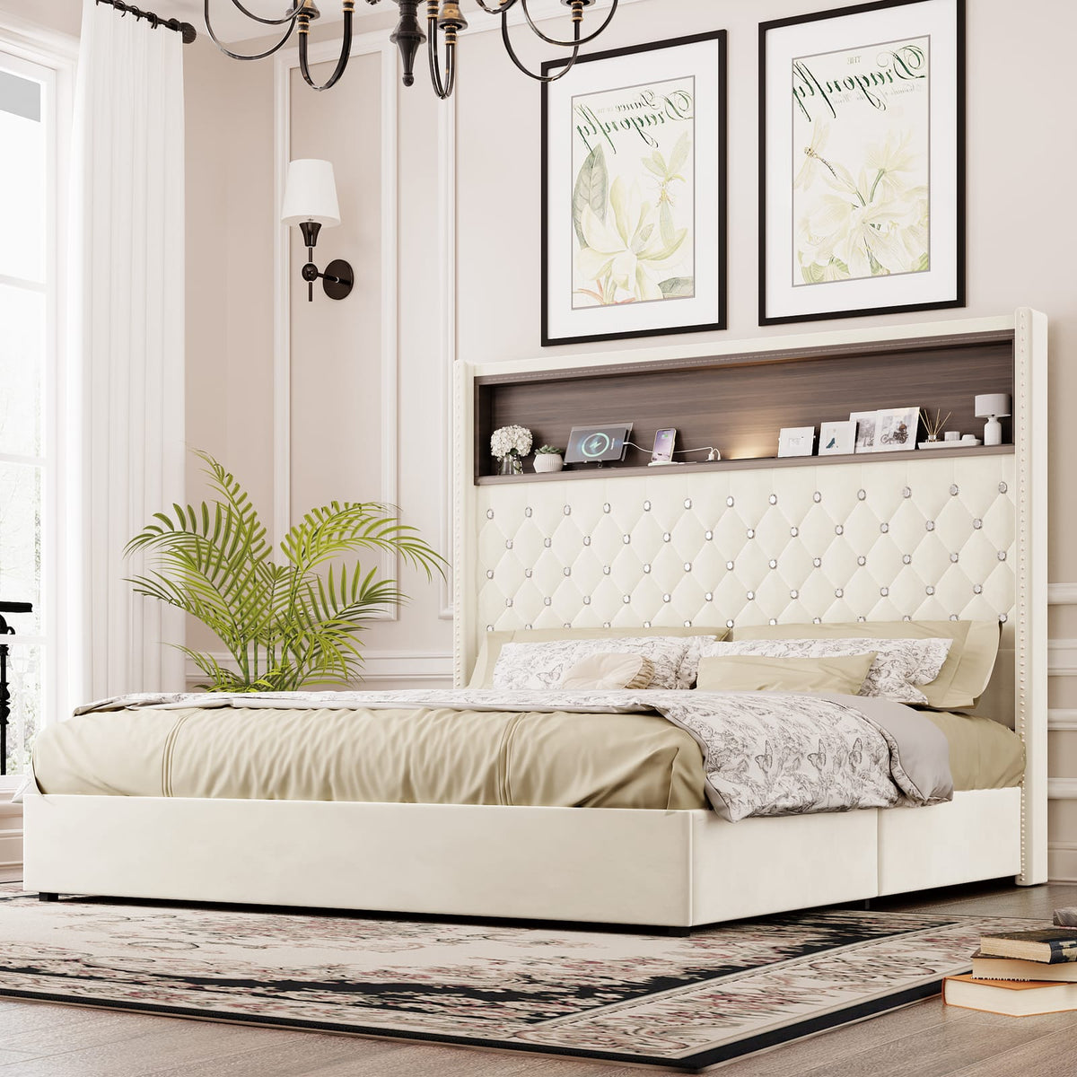 Queen Velvet Tufted Bed Frame Beige USB Charging