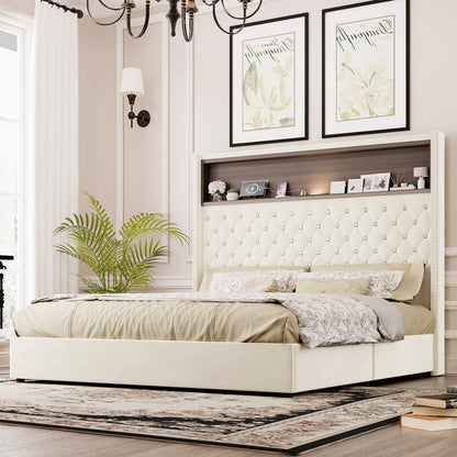 Queen Velvet Tufted Bed Frame Beige USB Charging