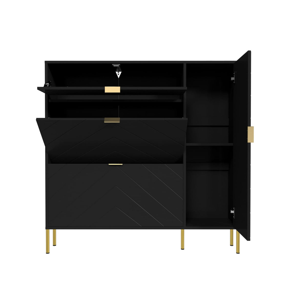 Black MDF Shoe Storage Cabinet - Flip-Up Drawers & Shelves