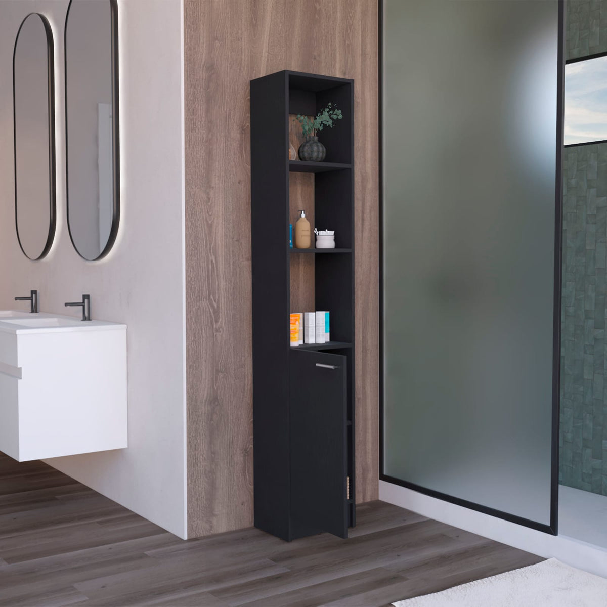 Black Bathroom Storage Cabinet - 6 Shelves, Freestanding Tall Cabinet