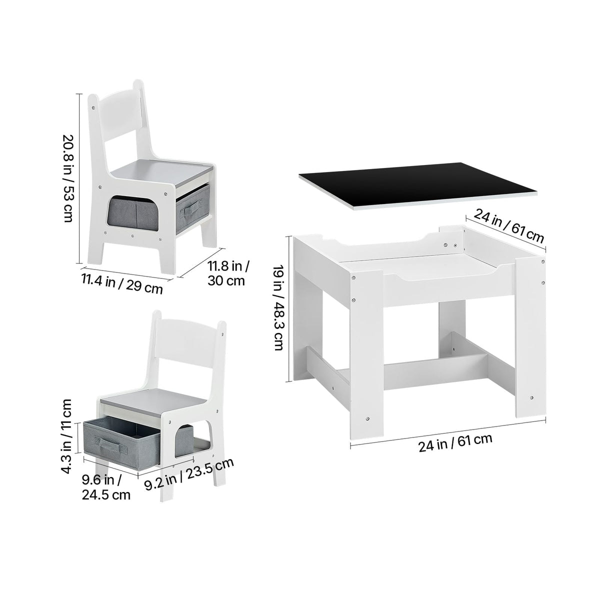 Kids Table and 2 Chairs Set - White with Storage