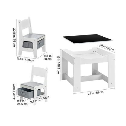 Kids Table and 2 Chairs Set - White with Storage