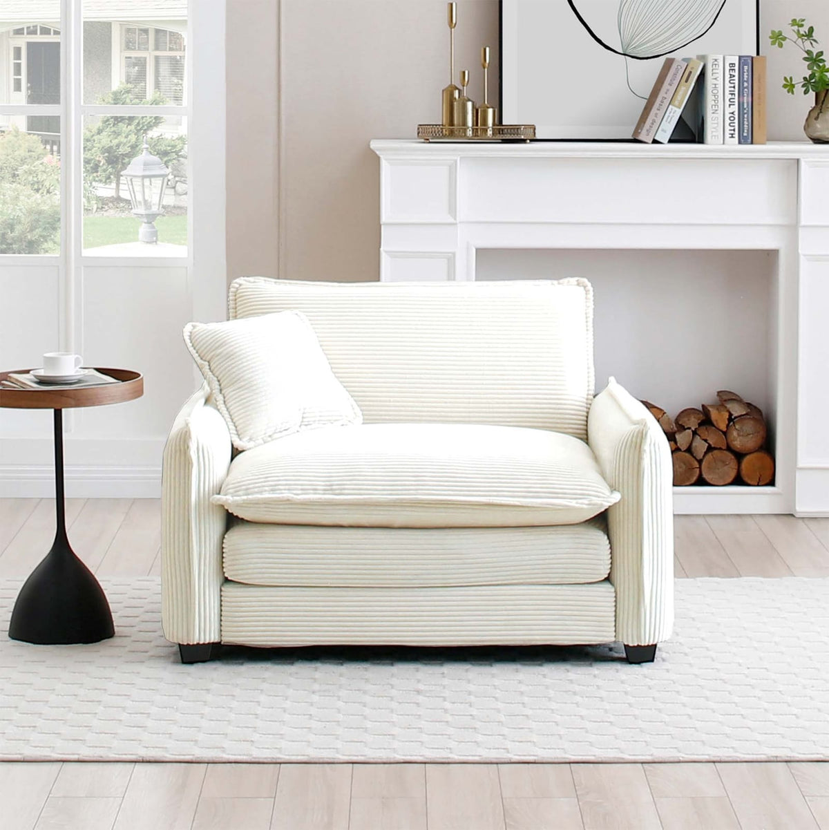 Beige Corduroy Single Sofa - Comfortable Club or Bedroom Seat for Living Room