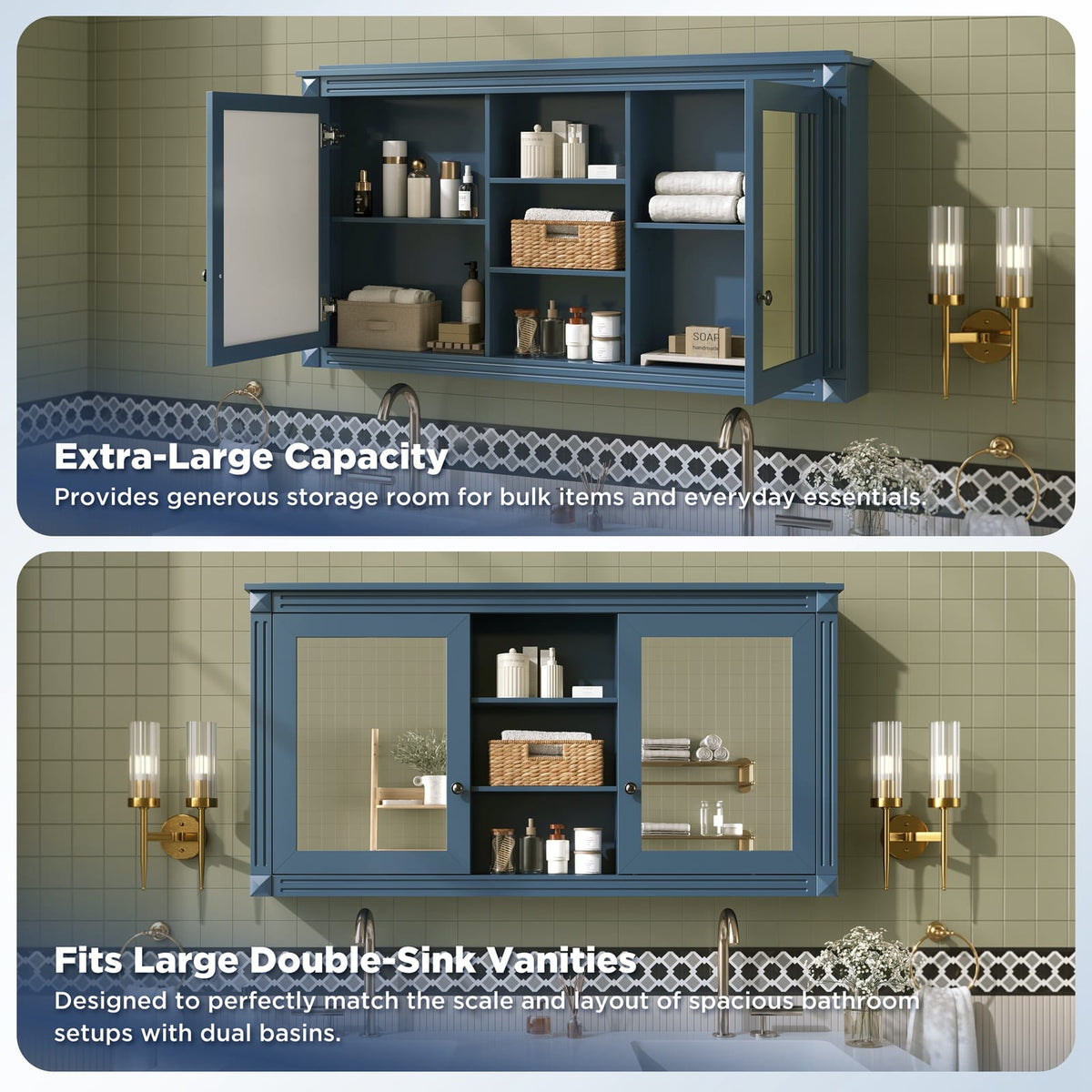 55 Inch Wall-Mount Bathroom Mirror Cabinet - Blue, Adjustable Shelves