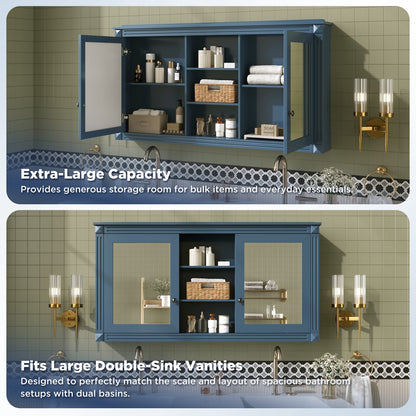 55 Inch Wall-Mount Bathroom Mirror Cabinet - Blue, Adjustable Shelves
