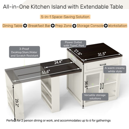 83.1" Extendable Kitchen Island - Creamy White MDF & Glass