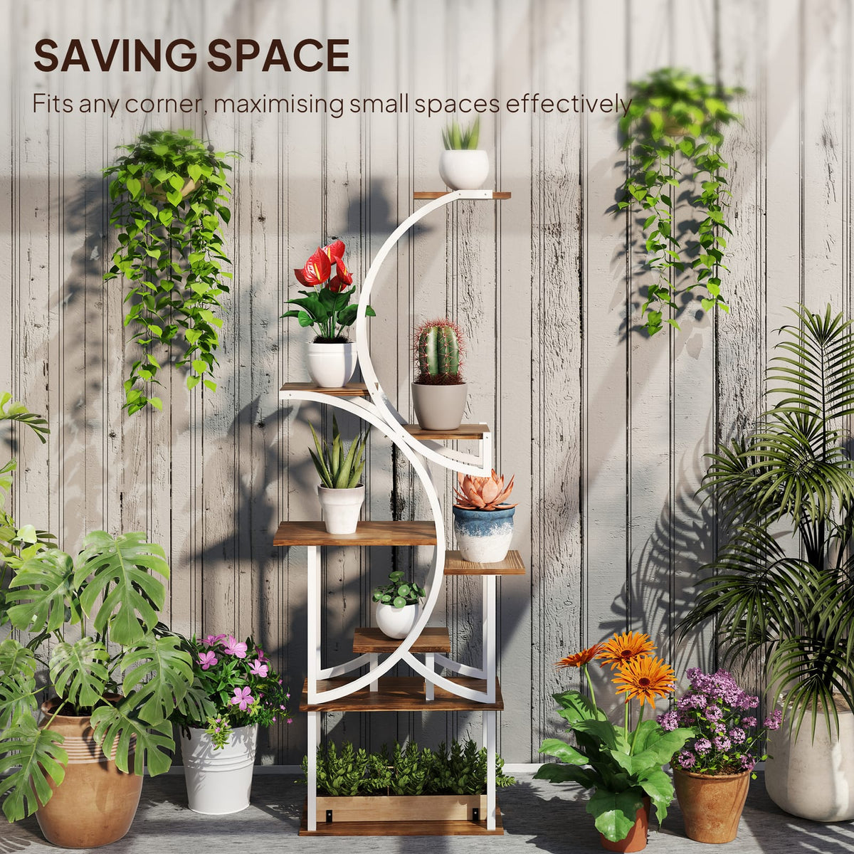 Outsunny 8 Tier Plant Stand - Tall Steel & Wood Shelf for Living Room