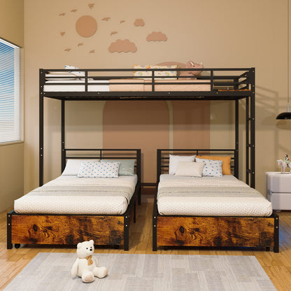 Triple Bunk Bed for 3 Kids - Metal, Black for Bedroom