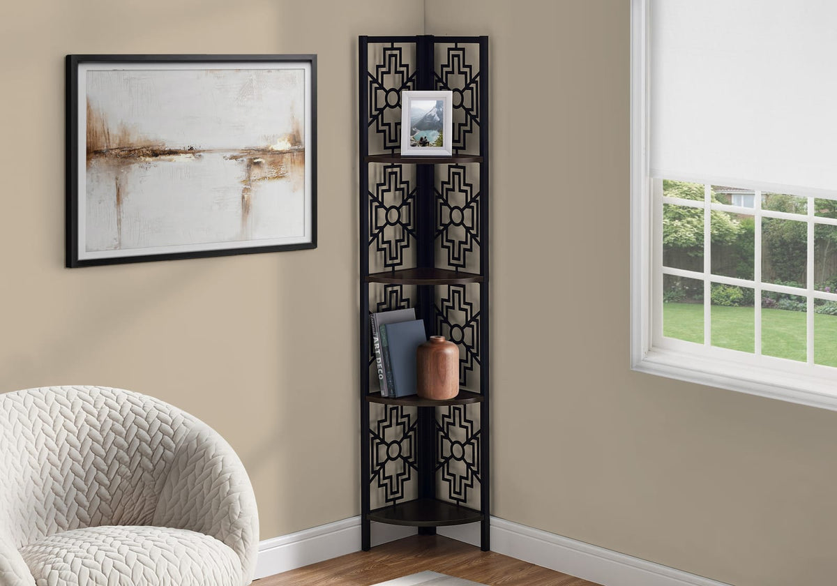 Espresso Metal Corner Bookcase with 4 Tier Wood Shelves for Living Room