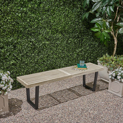 Metal/Solid Wood Outdoor Bench - Acacia Wood, Black & Gray