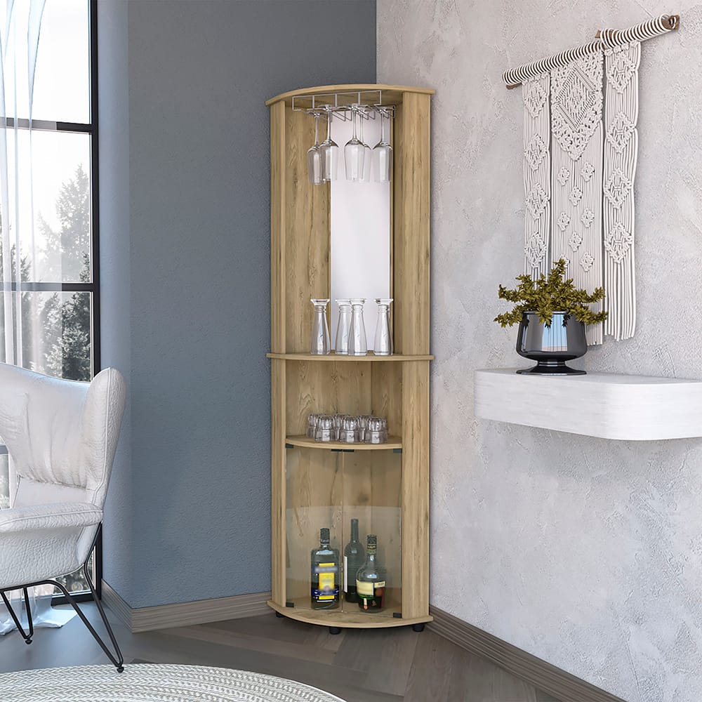 Oregon Corner Bar Cabinet - 3-Tier Shelf with Glass Rack