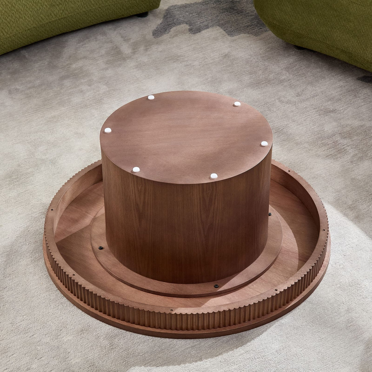 Walnut Round Coffee Table with Wave Trim, MDF for Living Room