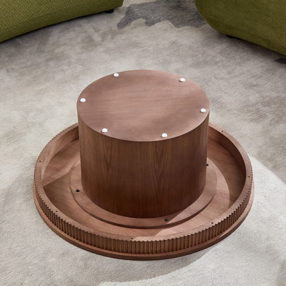 Walnut Round Coffee Table with Wave Trim, MDF for Living Room
