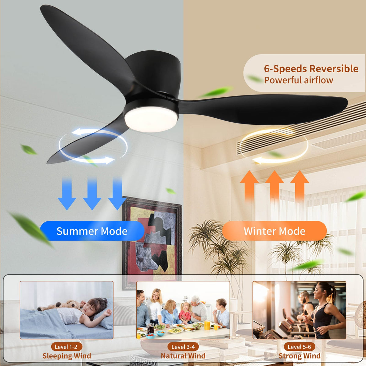 52" Smart Ceiling Fan with Lights - Black & Remote Control