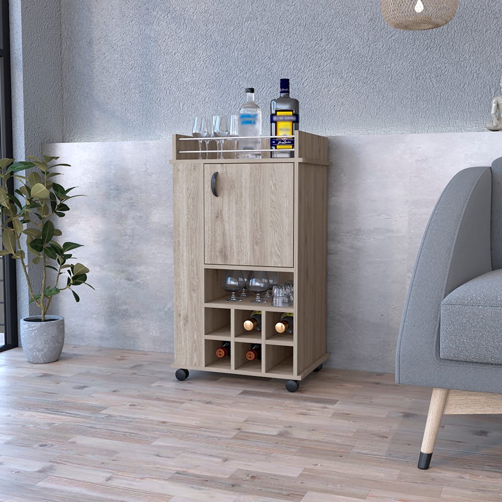 Light Gray Bar Cart with Wine Storage & Casters