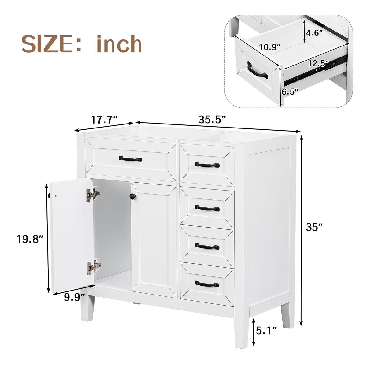 36 Inch White Bathroom Vanity Base - Solid Wood MDF