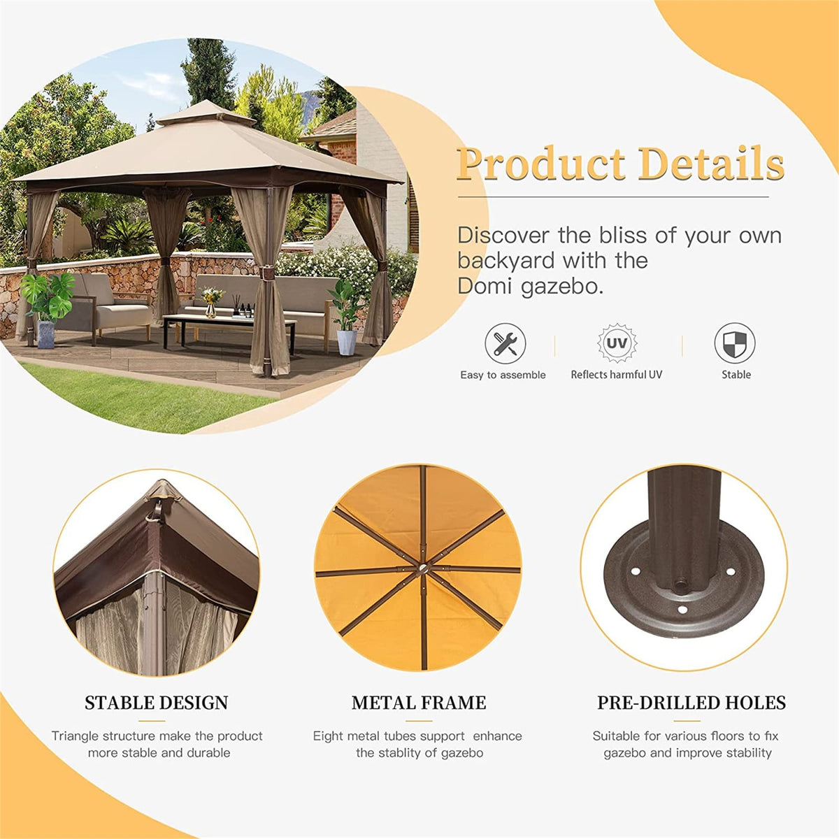 10'x13' Metal Gazebo with Mosquito Netting - Khaki