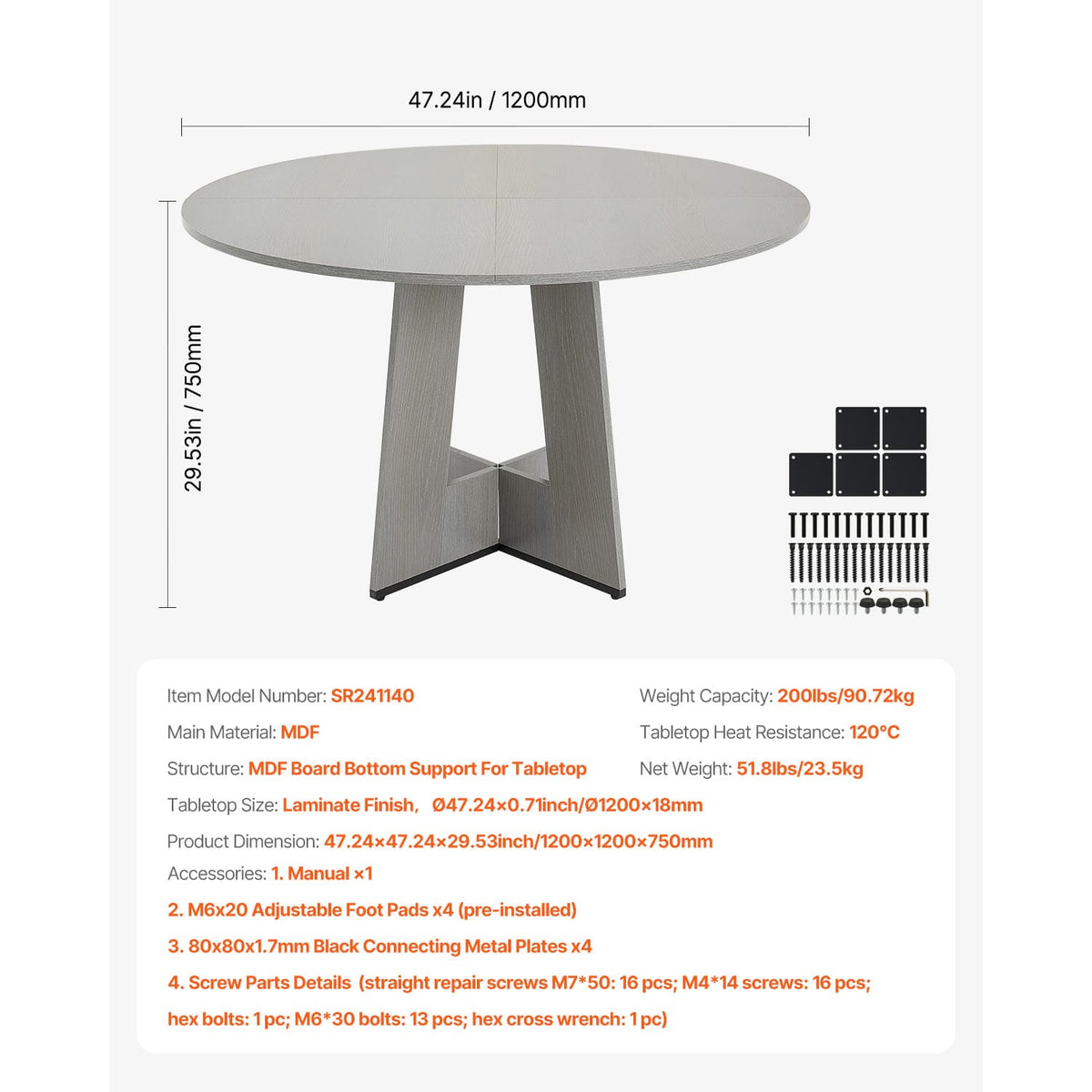 47 Inch Round Dining Table - Gray Fiberboard, Seats 4-6