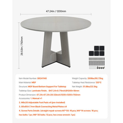 47 Inch Round Dining Table - Gray Fiberboard, Seats 4-6