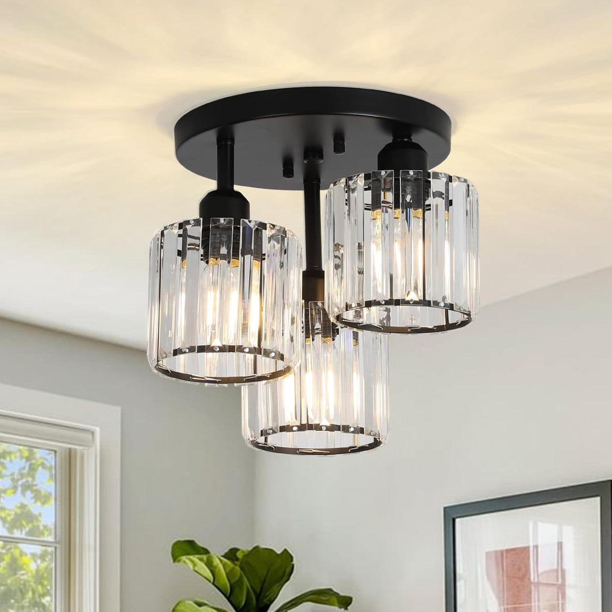 Black Crystal Flush Mount Ceiling Light - 3-Light Modern Fixture