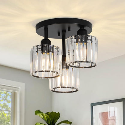 Black Crystal Flush Mount Ceiling Light - 3-Light Modern Fixture