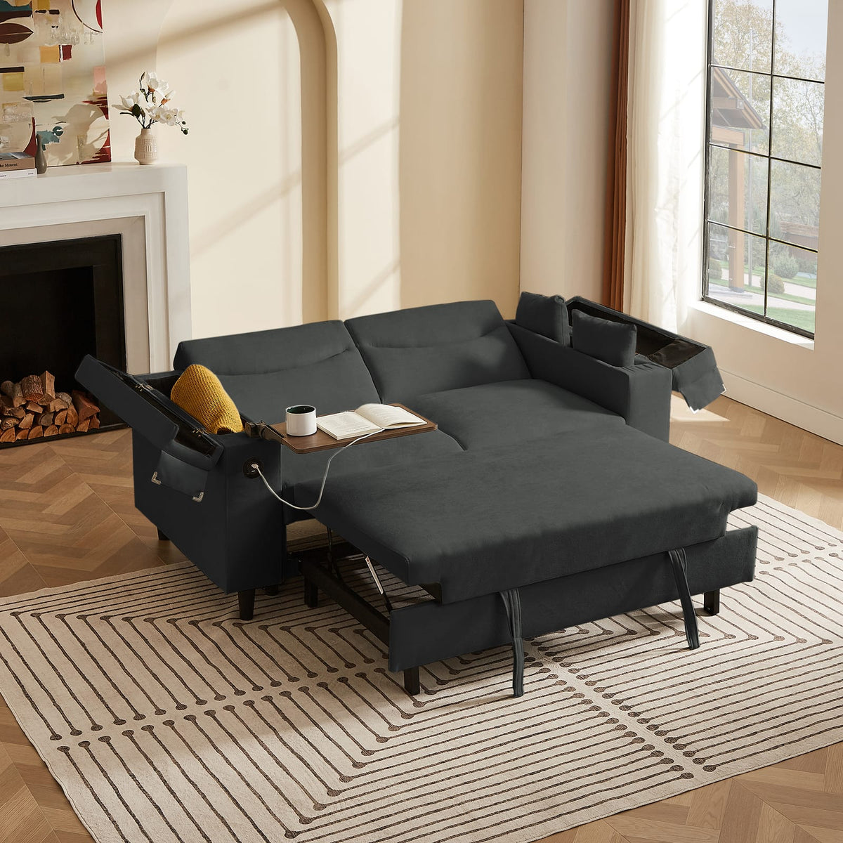 Dark Gray Sofa Bed with Storage & USB - 2 Seats for Living Room