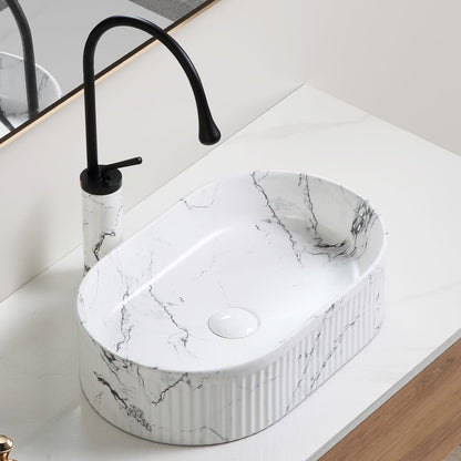 White & Black Marble Vessel Sink - 19" Round Above Counter Bathroom Vanity Sink